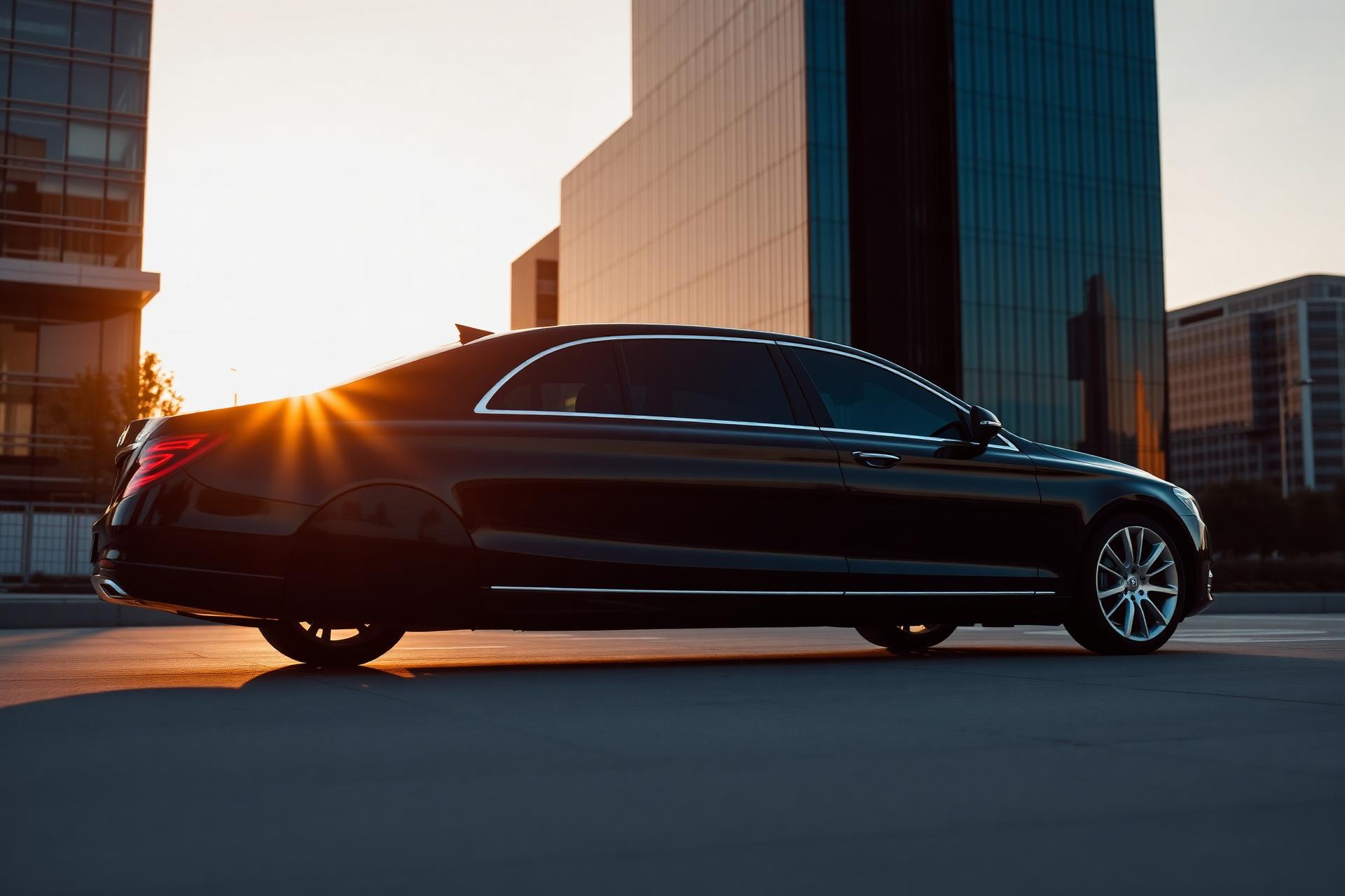 Carro executivo em frente a prédios empresariais